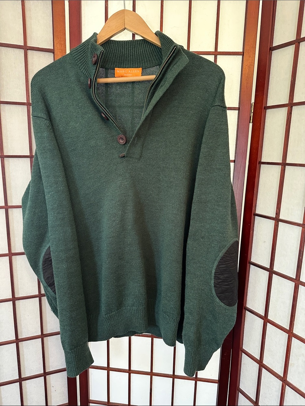 Men's Dark Green Marc Allen fine Zip-Front Sweater with Quilted Elbow Patches